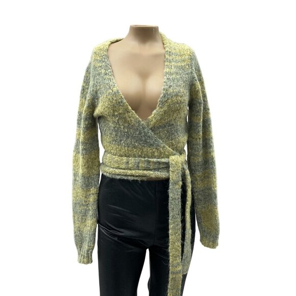 Cotton On Striped Knit Faux Wrap Crop Cardigan Sweater Green Marled Soft Women S - Picture 1 of 11